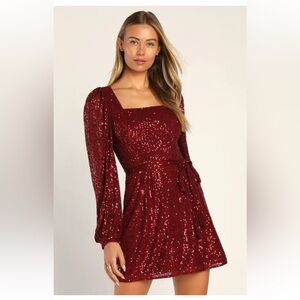 lulu’s Festive Mood Wine Red Sequin Long Sleeve Mini Dress